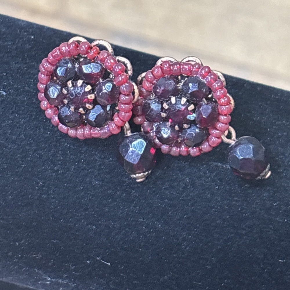 Vintage Avon Red Beaded Cluster Earrings Victorian Revival Faux Garnet Dangle